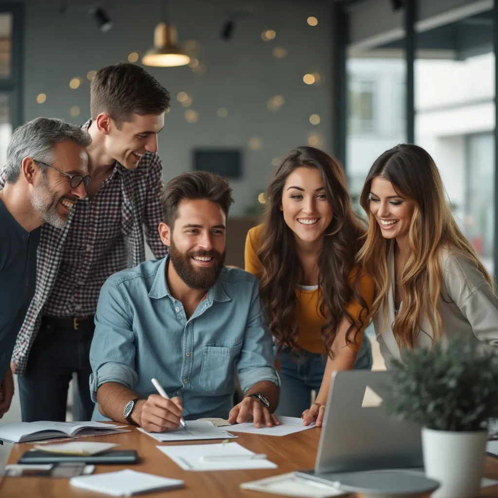 Grupo diverso de profesionales sonriendo y colaborando